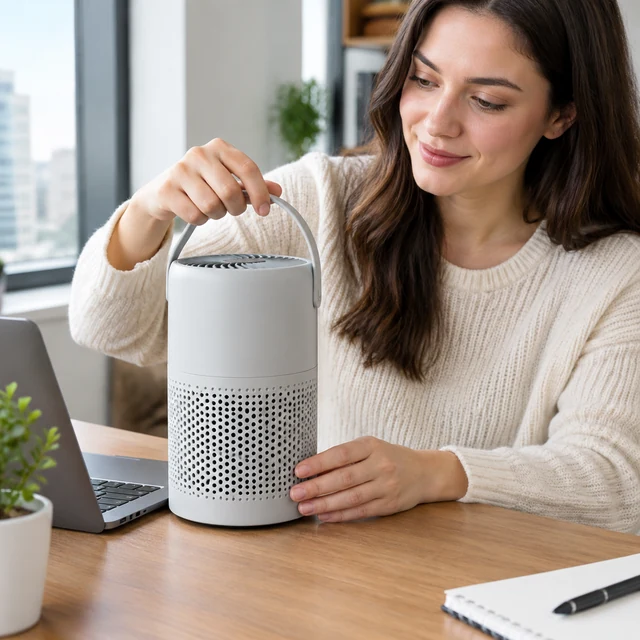 An adult holds a white portable air purifier on a desk.