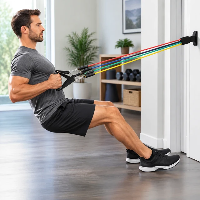 Adult anchors resistance bands and performs a controlled row.