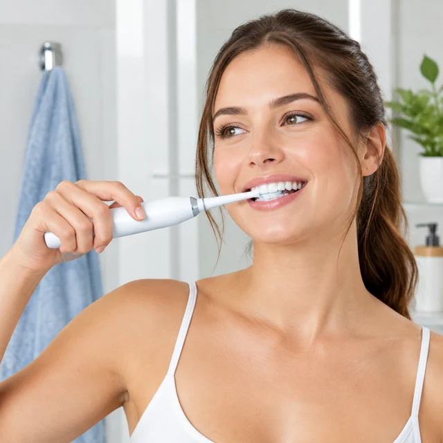 Adult brushes teeth with an electric toothbrush.