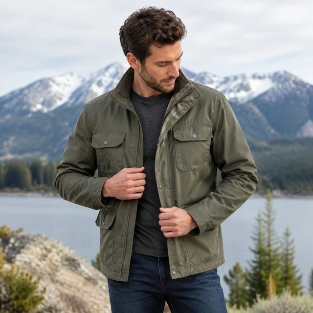 Adult creator wears a field jacket and checks its fit.