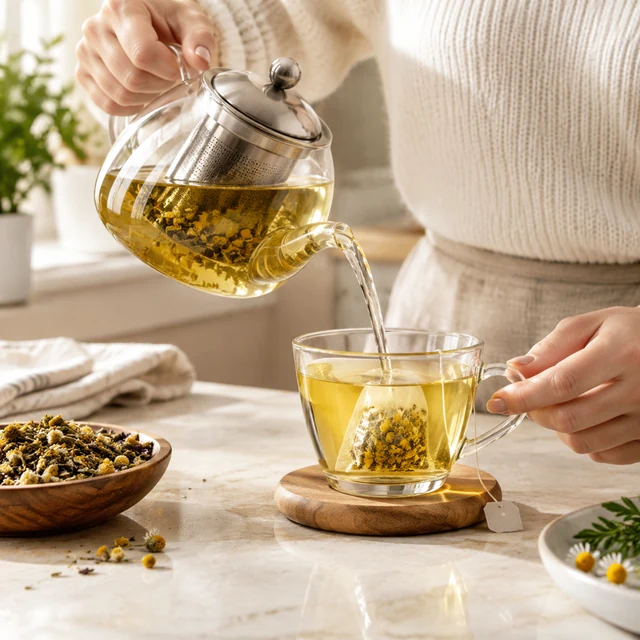 Adult pours hot water over a tea bag and serves the finished herbal tea.
