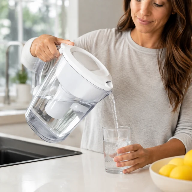 Adult replaces a pitcher filter and pours water into a glass.