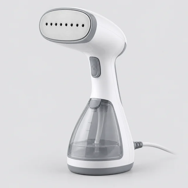 Complete white handheld garment steamer with water tank and steam head shown sharply on a light background.