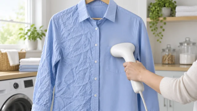 Adult steams one side of a hanging blue shirt to show the smooth result.