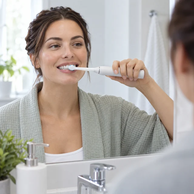 Adult uses a white electric toothbrush in a bright bathroom.