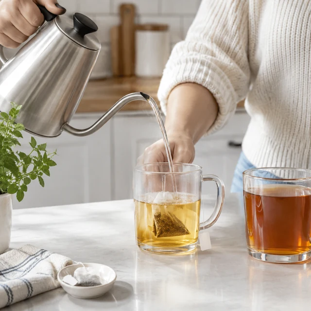 Adult prepares and serves herbal tea with a gooseneck kettle.