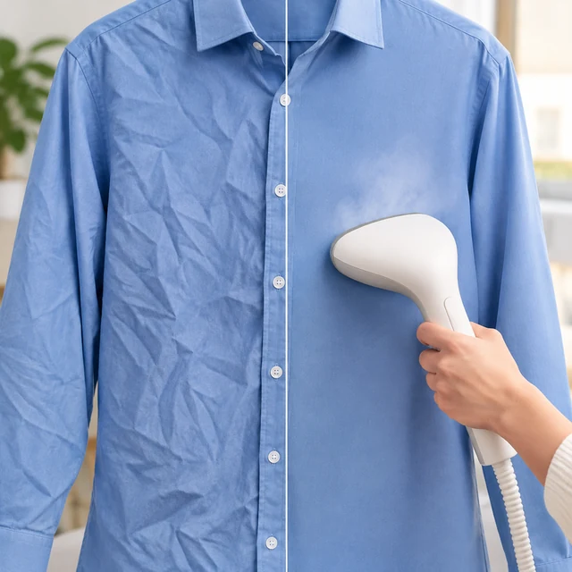 Adult hand presses a garment steamer control, indicator glows