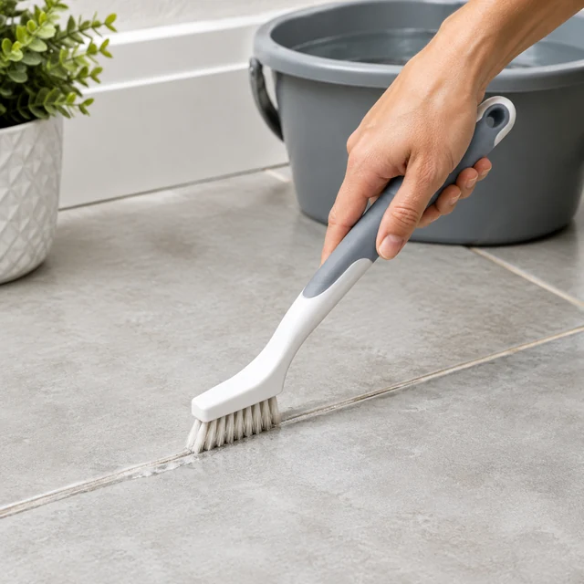 Adult hand brushes one grout seam clean