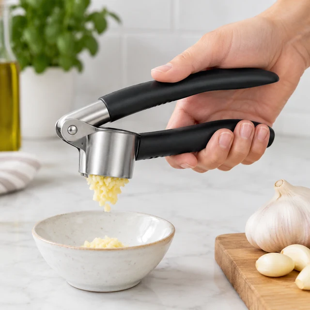 Adult hand squeezes a garlic press once
