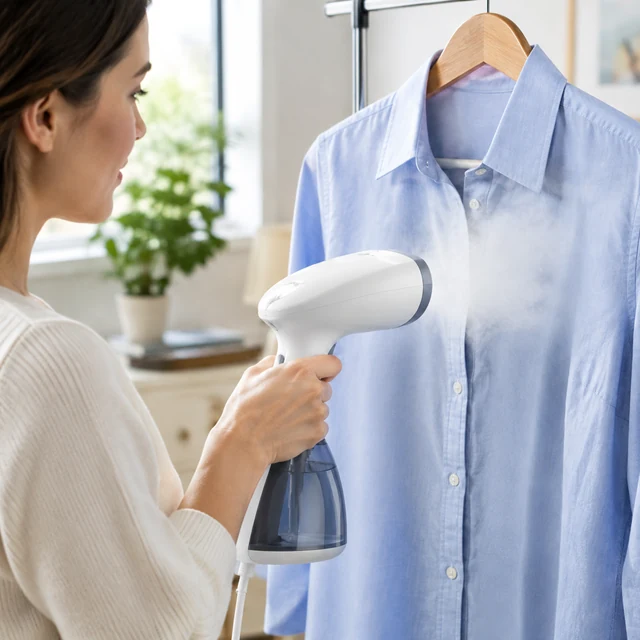 Adult aims a garment steamer at a blue shirt.