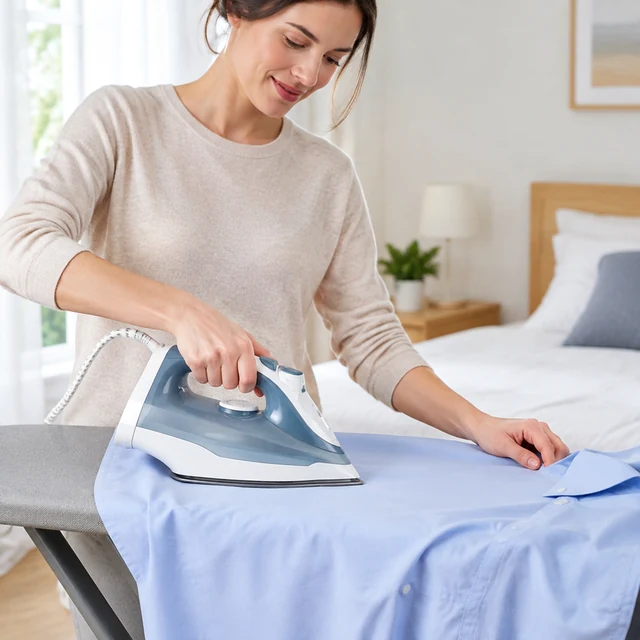 Adult smooths one shirt panel with a garment steamer.