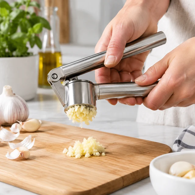 Garlic press crushes a clove