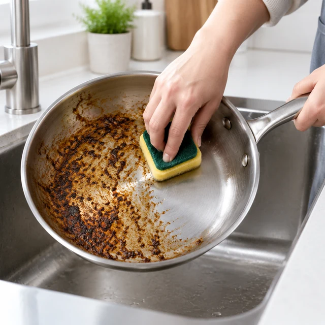 Adult wipes a cooking pan to remove a stain.