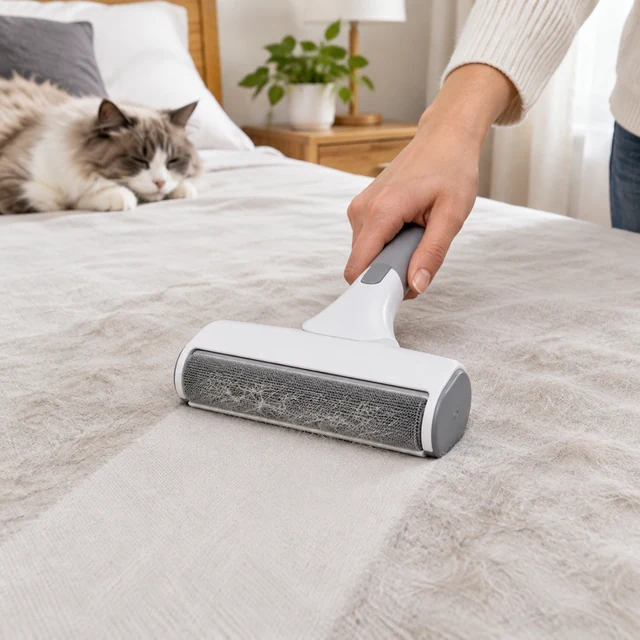 Adult removes pet hair from bedding with a lint tool.