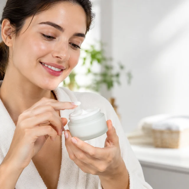 An adult holds a white skincare jar and touches the cream.