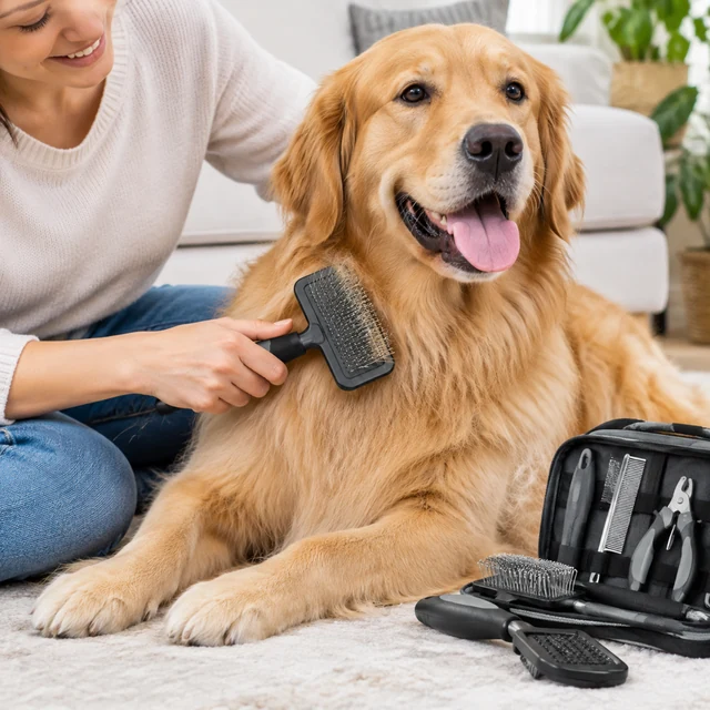 Adult brushes a dog with a plain grooming kit.