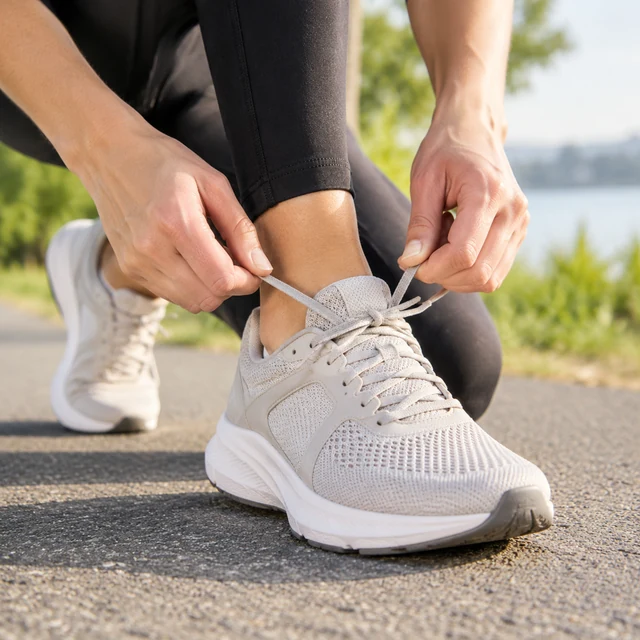 Adult laces neutral running shoes before a jog.