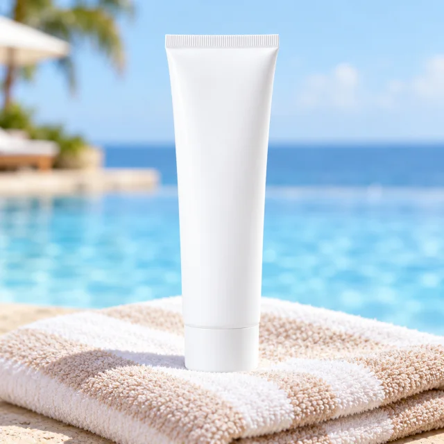 A white sunscreen tube standing on a folded beach towel.
