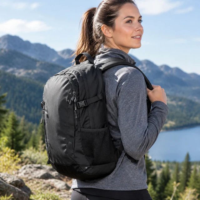 Adult wears a daypack and adjusts its shoulder strap outdoors