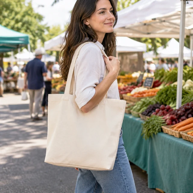 Adult carries a canvas tote through an outdoor market