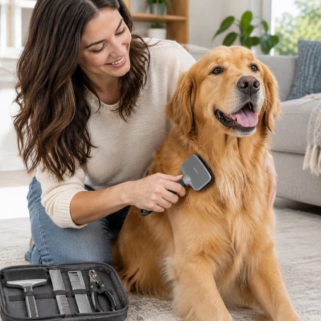 Adult brushes a dog with a plain grooming kit