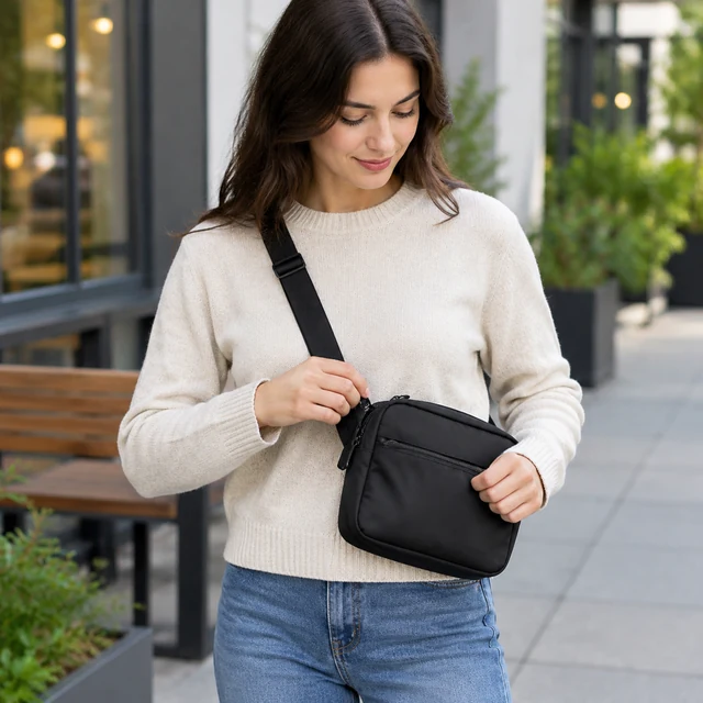 Adult wears and adjusts a plain crossbody bag