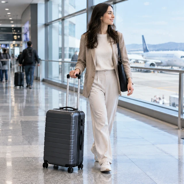 Adult pulls a hard-shell suitcase through an airport terminal.