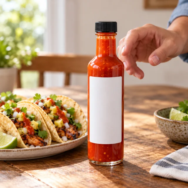 A hot sauce bottle beside tacos on a wooden dining table.