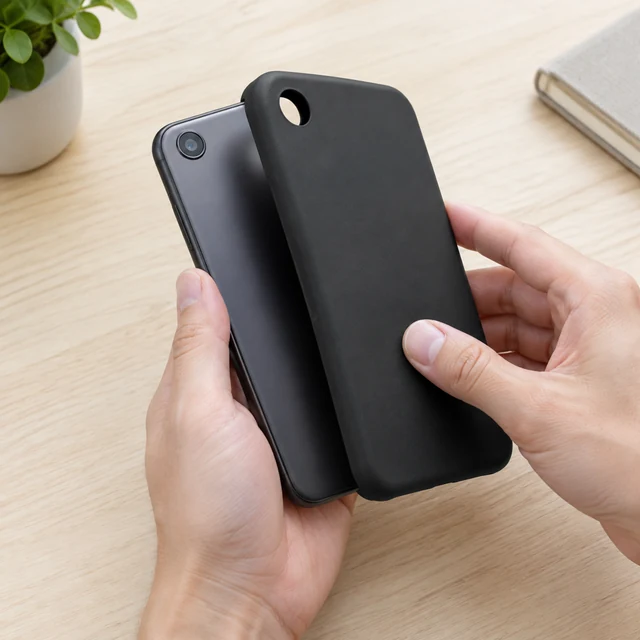 Adult snaps a plain phone case onto a generic single-camera phone.
