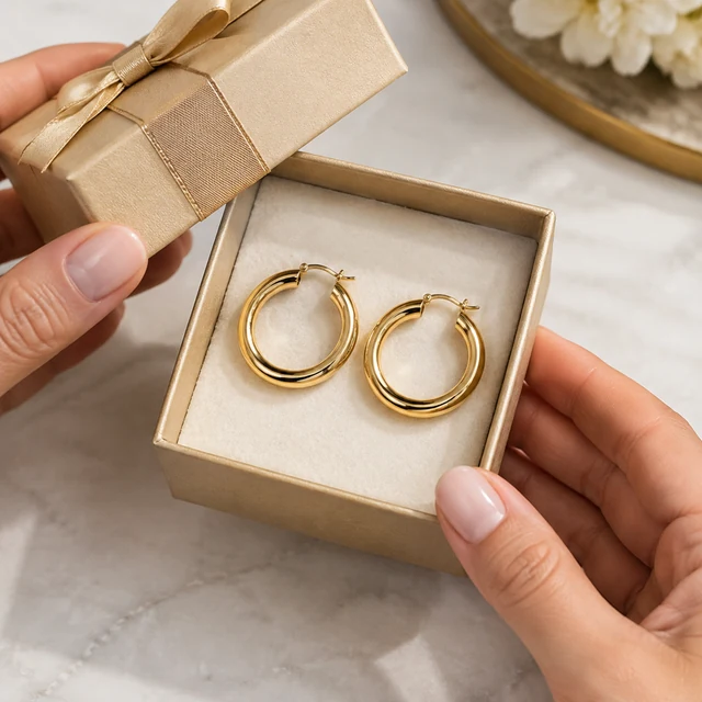 Adult unwraps plain gold hoop earrings from a gift box.