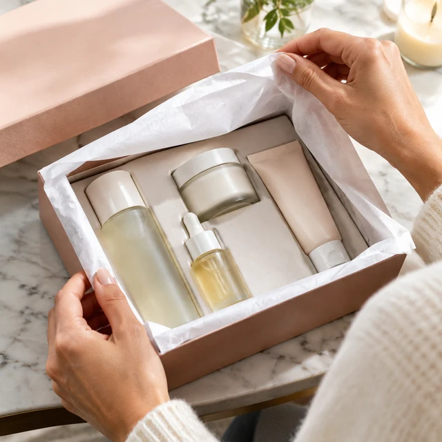 Adult opens a skincare gift set and lifts the tissue paper.