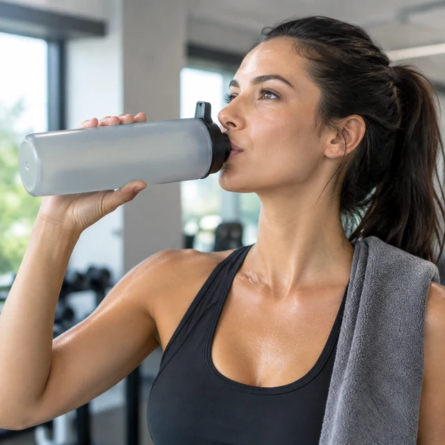 Adult drinks from a plain sports bottle after a workout.