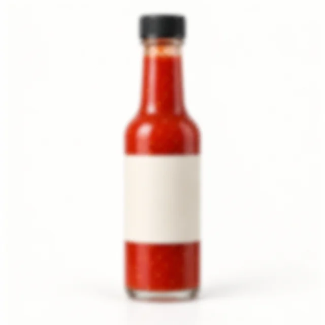Same hot sauce bottle blurred out of focus, leaving its cap and label difficult to inspect.
