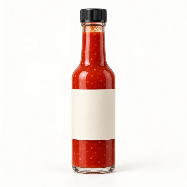 Full hot sauce bottle, cap, and blank label in sharp focus on a pale background.