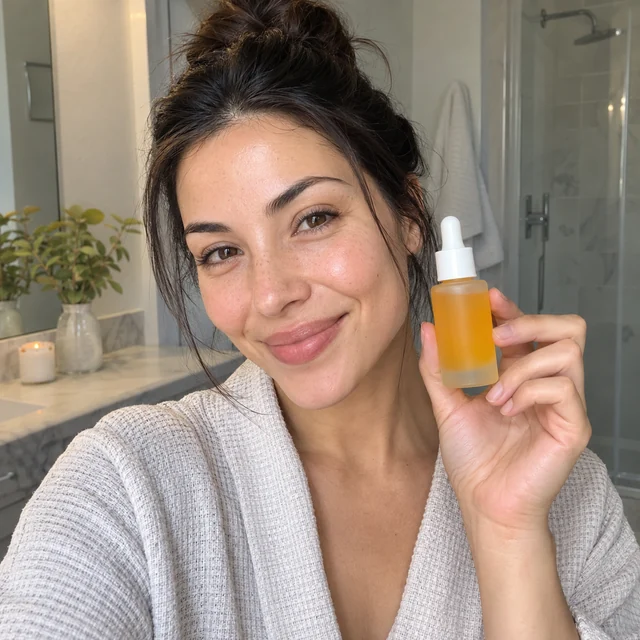 Adult creator speaks to camera while holding an amber serum bottle.