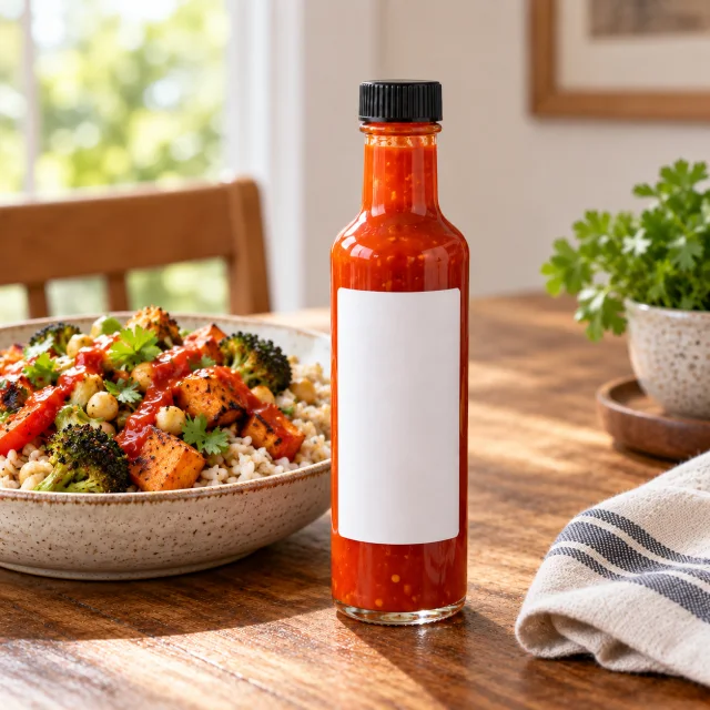 A hot sauce bottle beside a bowl of rice and roasted vegetables.