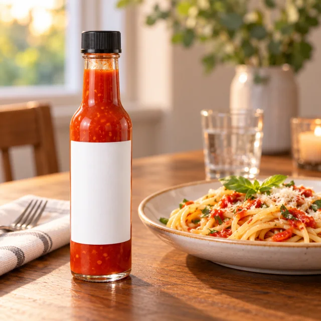 A hot sauce bottle beside a plate of pasta.