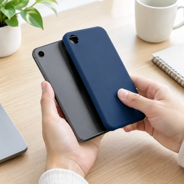 Adult fits a plain phone case onto a generic single-camera phone.