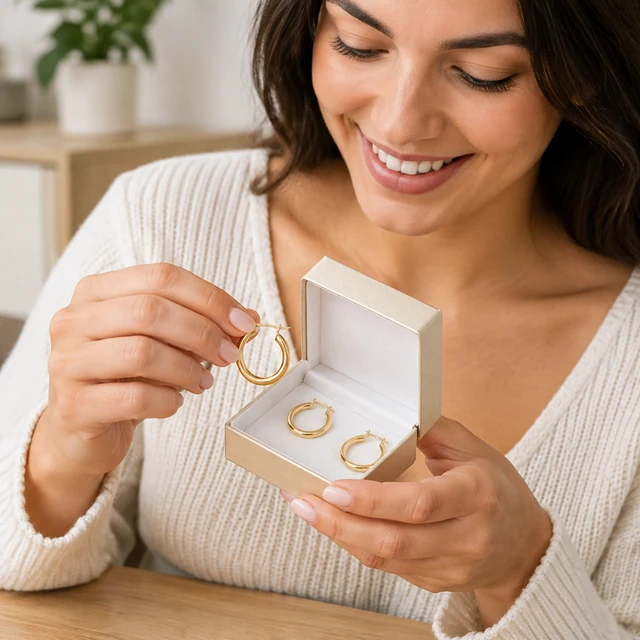 Adult unwraps plain gold hoop earrings from a gift box