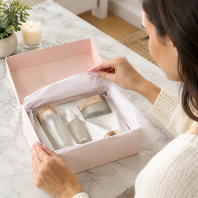 Adult opens a skincare gift set and lifts tissue paper