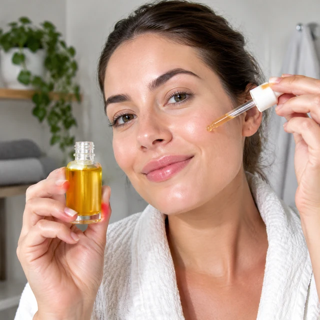 Adult holds a vitamin C serum beside their face in a first-impression review