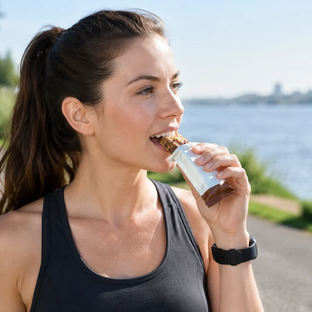 Adult takes the first bite of a protein bar after a run