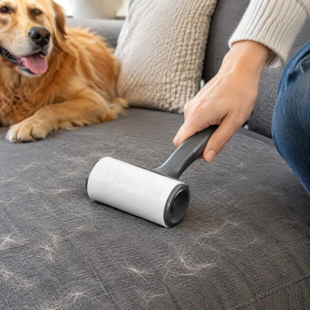 Adult rolls a lint remover over pet hair on a sofa