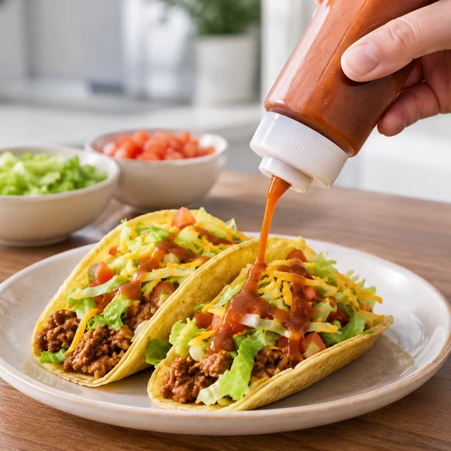 Adult drizzles sauce over a finished taco plate.