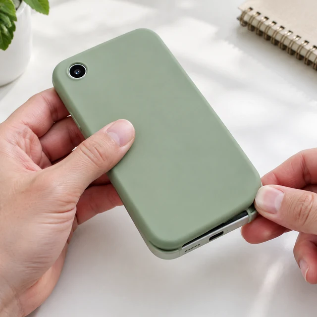 Adult checks a plain phone case with one small circular rear camera.