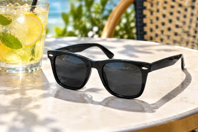 Black wayfarer sunglasses on a sunlit outdoor cafe table beside an iced lemon drink with mint