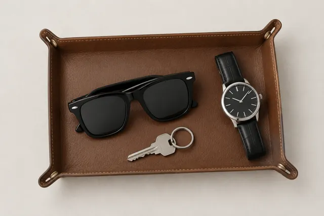Black wayfarer sunglasses, a wristwatch and a key in a brown leather tray, seen from above