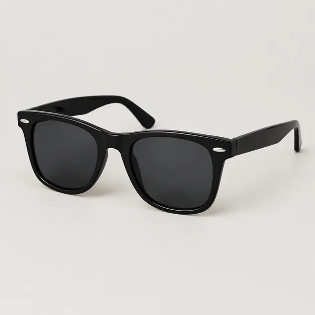 Black wayfarer-style sunglasses with dark lenses on a light studio background
