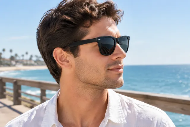 Man in profile wearing black wayfarer sunglasses on a seaside boardwalk