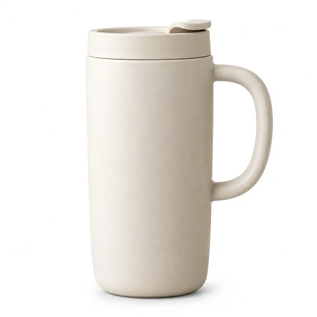 Matte cream ceramic travel mug with a lid on a pure white background